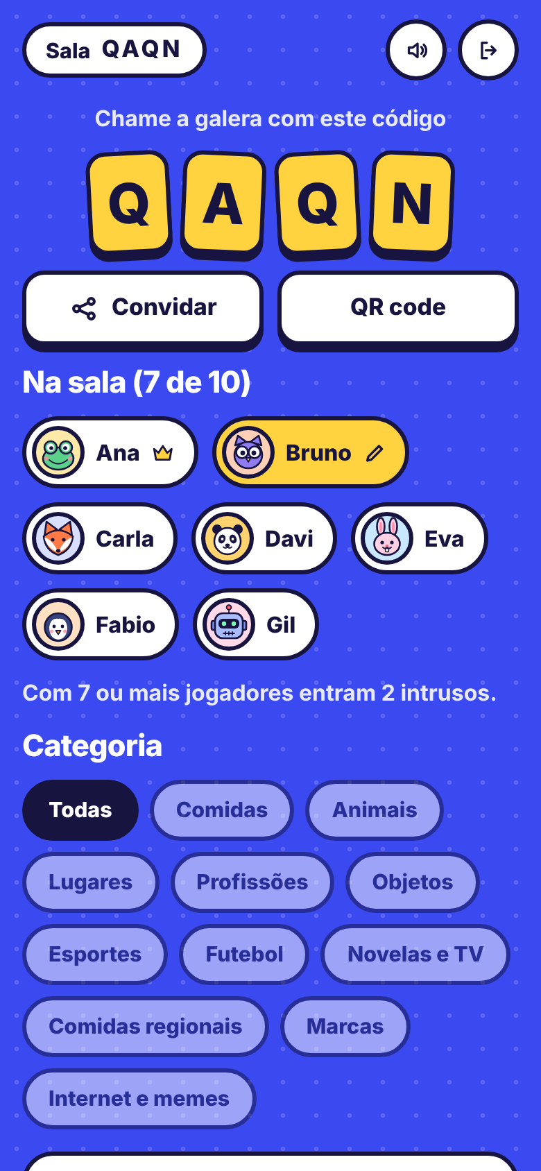Sala com jogadores e escolha de categoria